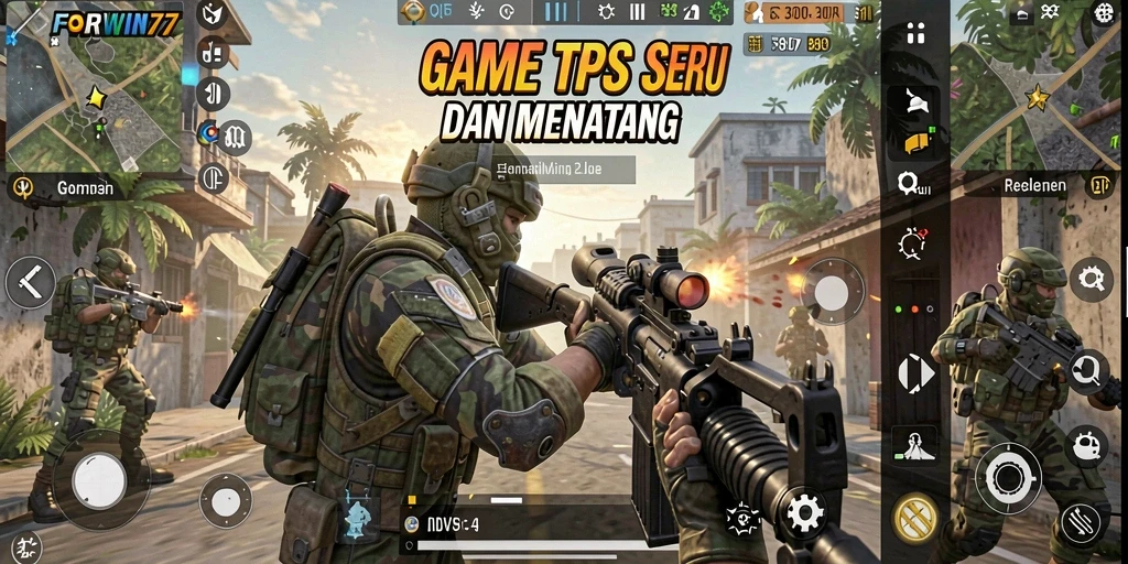 Tampilan seru dari gameplay FORWIN77 yang menampilkan adu tembak.