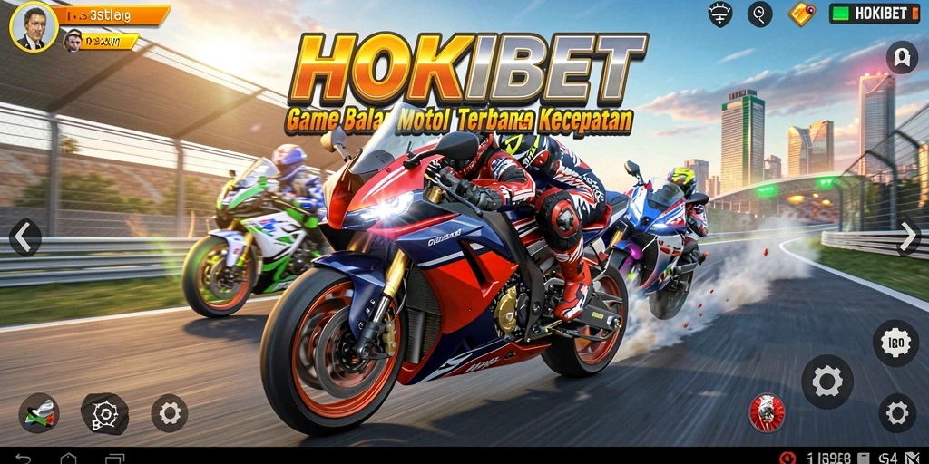 Tampilan utama gameplay HOKIBET dengan motor balap yang cepat.