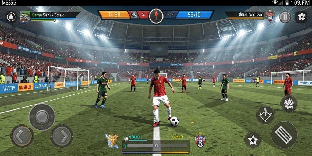 Screenshot gameplay ME355 menampilkan pertandingan sepak bola yang intens.