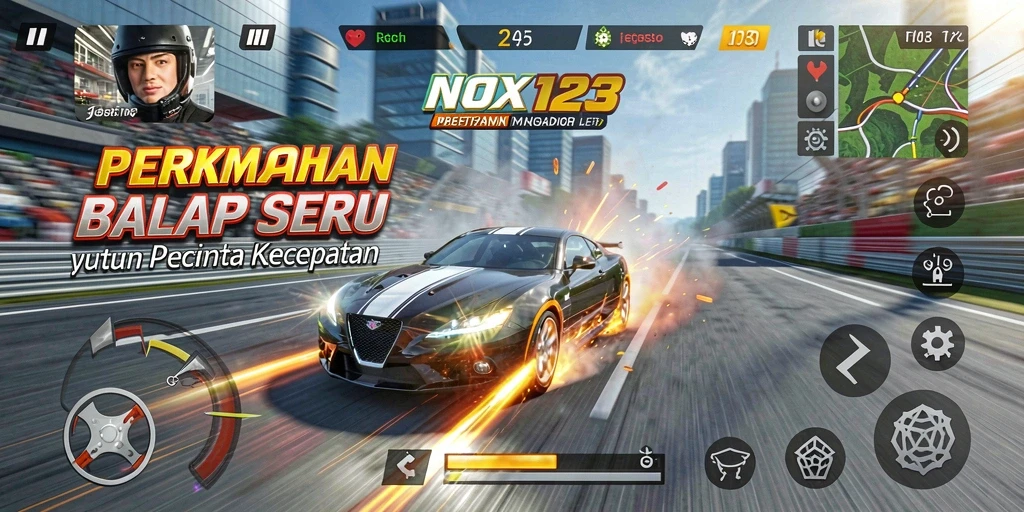 Tangkapan layar gameplay NOX123 yang mendebarkan dan penuh aksi balap.